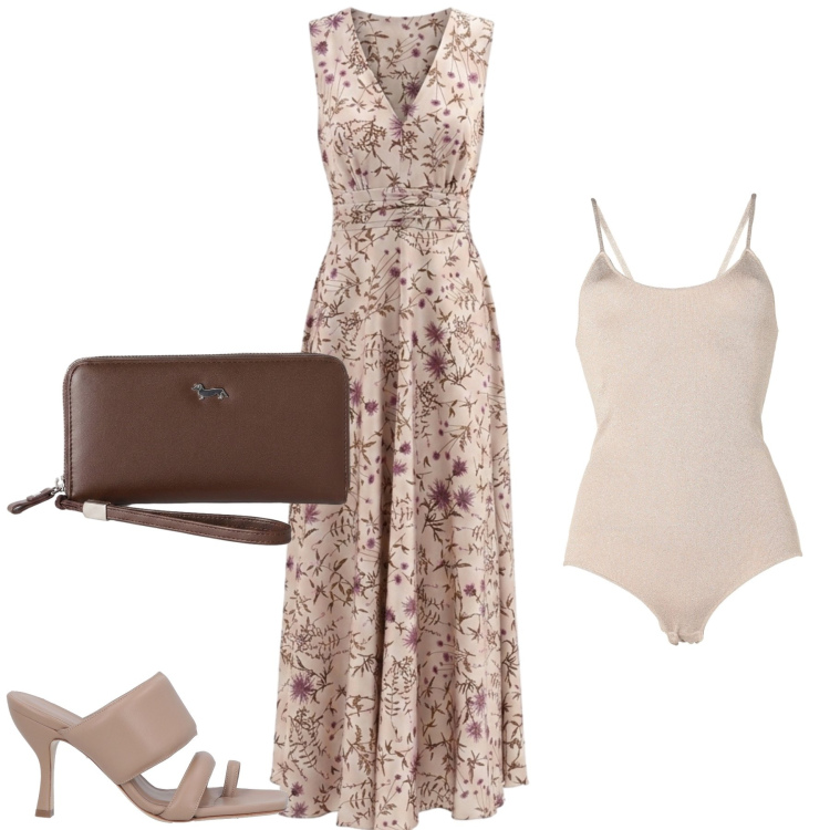 Outfit donna - A pranzo fuori. Stile Romantica per Tutti i giorni. Abbinamento con body, ciabatte, portafogli, vestiti lunghi.