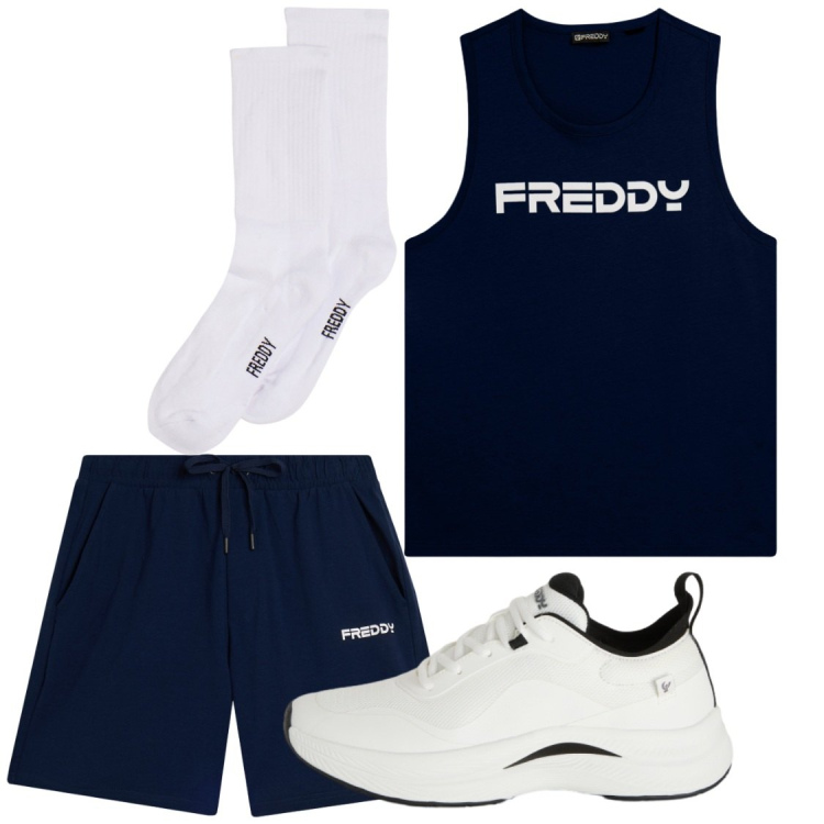 Outfit uomo - Sport con Freddy. Stile Casual per Sport. Abbinamento con sneakers, calzini, canottiere, pantaloni corti.