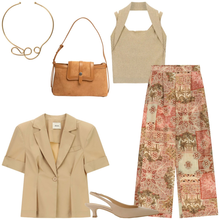 Outfit donna - Total look #2451742. Stile Casual chic per Ufficio. Abbinamento con collane, blazer, décolleté, top, pantaloni a palazzo, borse a tracolla.