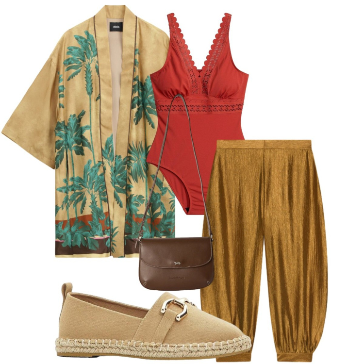 Outfit donna - Total look #2451743. Stile Etnico per Mare. Abbinamento con costumi interi, espadrillas, borse a tracolla, kimono, pantaloni.