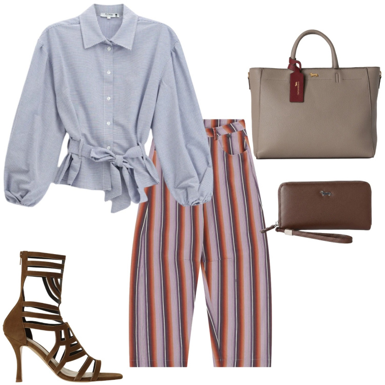 Outfit donna - Total look #2451745. Stile Trendy per Serata fuori. Abbinamento con camicie, borse a mano, portafogli, sandali col tacco, pantaloni.
