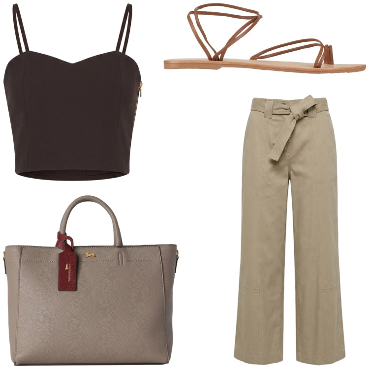 Outfit donna - Date night ideas. Stile Chic per Serata fuori. Abbinamento con ciabatte, pantaloni, borse a mano, top.