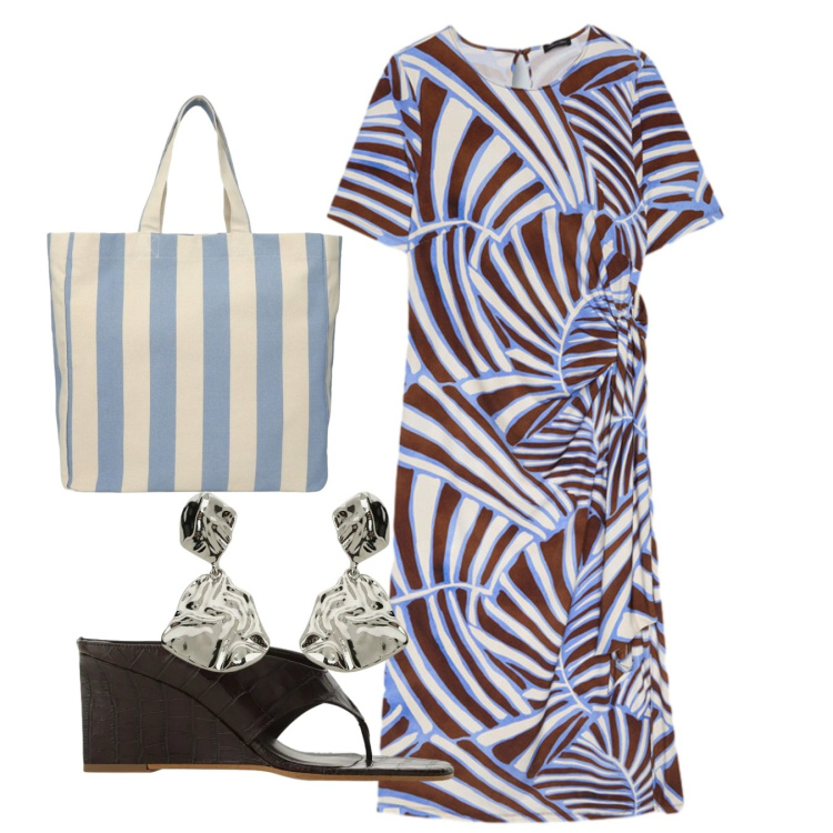 Outfit donna - Stampe etniche. Stile Bon Ton per Tutti i giorni. Abbinamento con shopping bag, orecchini, sandali col tacco, vestiti asimmetrici.