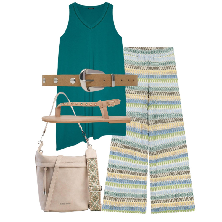 Outfit donna - Righe estive. Stile Chic per Tutti i giorni. Abbinamento con borse a tracolla, ciabatte, cinture, pantaloni a palazzo, vestiti asimmetrici.