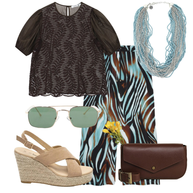 Outfit donna - Zebrato e pizzo. Stile Chic per Tutti i giorni. Abbinamento con sandali col tacco, occhiali da sole, borse a tracolla, collane, bluse, pantaloni a palazzo.