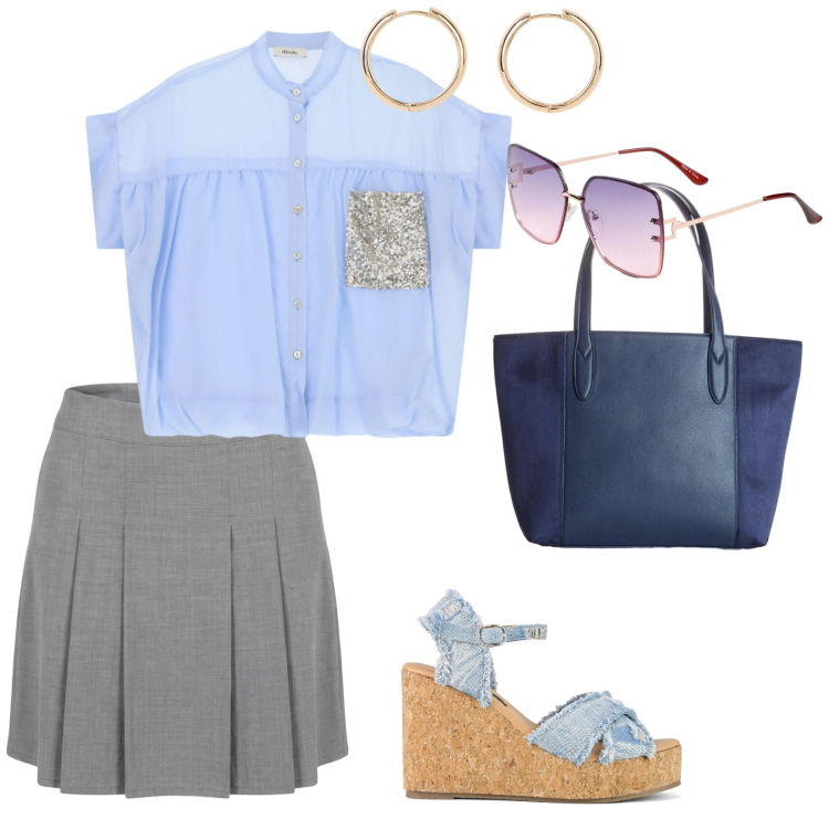 Outfit donna - Agosto in città. per Tutti i giorni. Abbinamento con orecchini, occhiali da sole, shopping bag, minigonne, camicie a manica corta, zeppe.