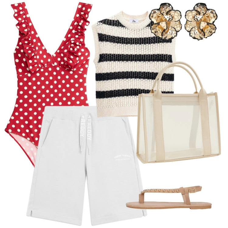Outfit donna - Ferragosto al mare. per Mare. Abbinamento con costumi interi, borse tote, ciabatte, canottiere, pantaloni corti, orecchini.