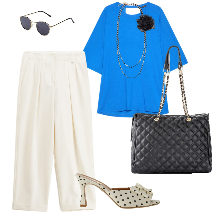 Outfit donna - Aperitivo time. per Serata fuori. Abbinamento con occhiali da sole, borse a mano, pantaloni, sandali col tacco, t-shirt, collane.