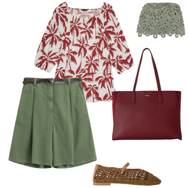 Outfit donna - Urban agosto. per Tutti i giorni. Abbinamento con shopping bag, accessori per capelli, ballerine, shorts, bluse.