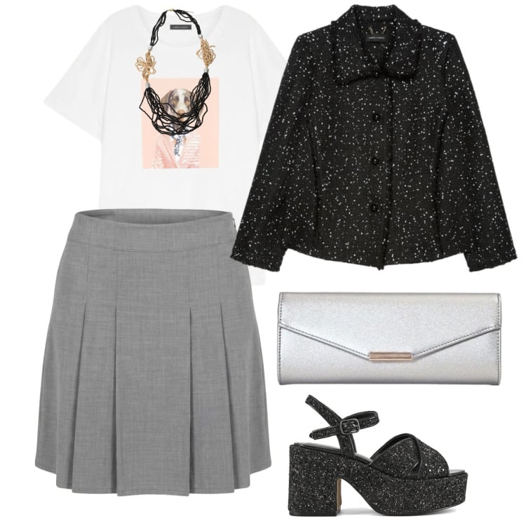 Outfit donna - Aperitivo time. per Serata fuori. Abbinamento con collane, minigonne, clutch, t-shirt, blazer, sandali.