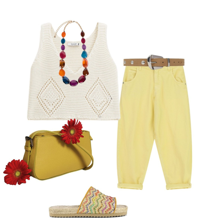 Outfit donna - Serata casual chic. Stile Casual chic per Tutti i giorni. Abbinamento con borse a spalla, pantaloni, cinture, top, collane, sandali.