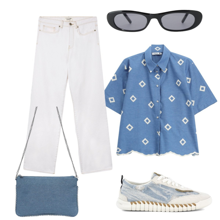 Outfit donna - In città. Stile Casual chic per Tutti i giorni. Abbinamento con occhiali da sole, borse a tracolla, jeans dritti, camicie a manica corta, sneakers.