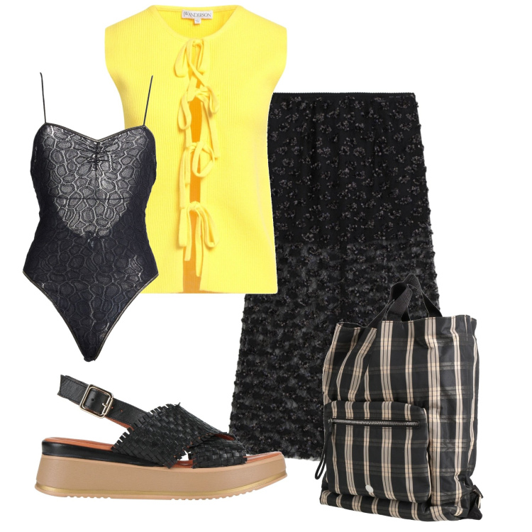 Outfit donna - Eleganza. Stile Chic per Tutti i giorni. Abbinamento con body, cardigans, zaini, sandali in pelle, gonne longuette.