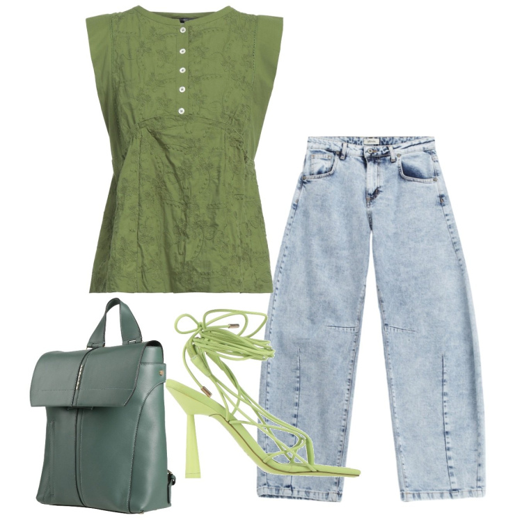 Outfit donna - Tacco chic. Stile Casual chic per Tutti i giorni. Abbinamento con top, ciabatte, zaini, jeans.