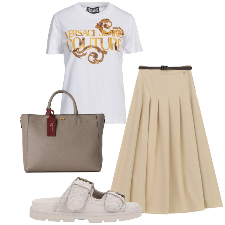 Outfit donna - In comodità. Stile Bon Ton per Tutti i giorni. Abbinamento con t-shirt, sandali in pelle, borse a mano, gonne lunghe.
