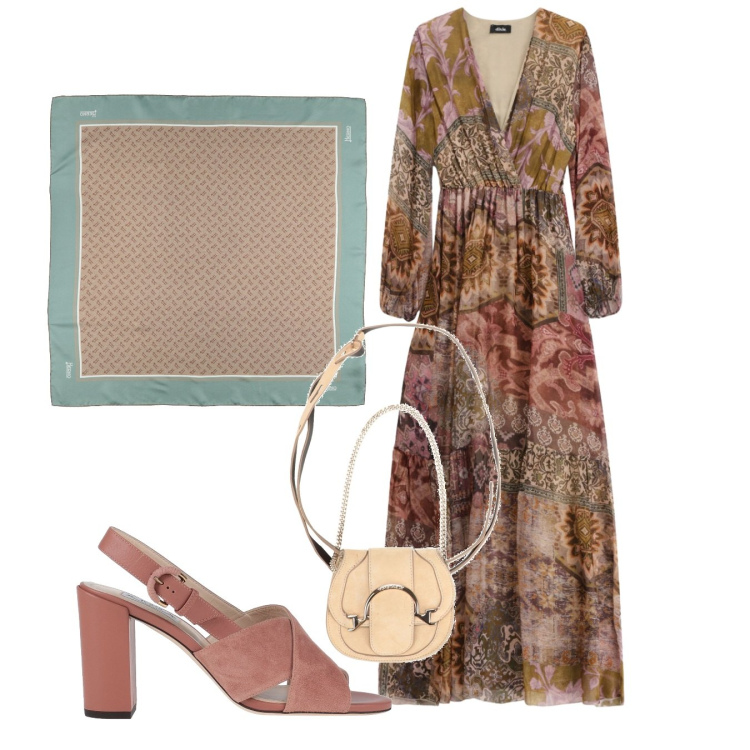 Outfit donna - Fine estate. Stile Romantica per Tutti i giorni. Abbinamento con sandali in pelle, marsupi, sciarpe, vestiti lunghi.