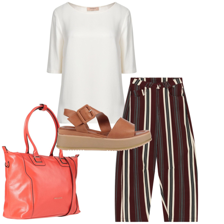 Outfit donna - Casual con cura. Stile Casual per Tutti i giorni. Abbinamento con sandali in pelle, top, zaini, pantaloni.