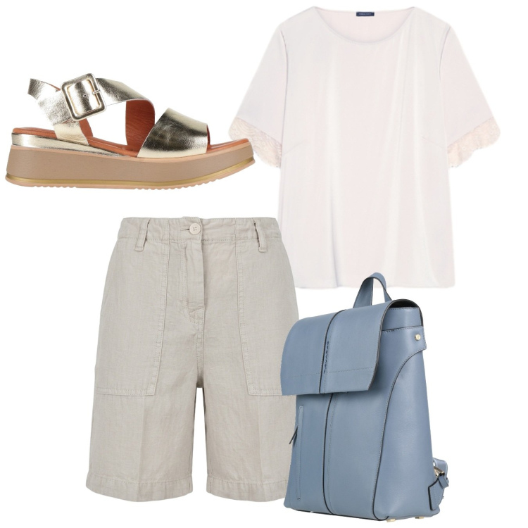 Outfit donna - Zaino all\'università. Stile Casual per Scuola/Università. Abbinamento con zaini, sandali in pelle, bermuda, t-shirt.