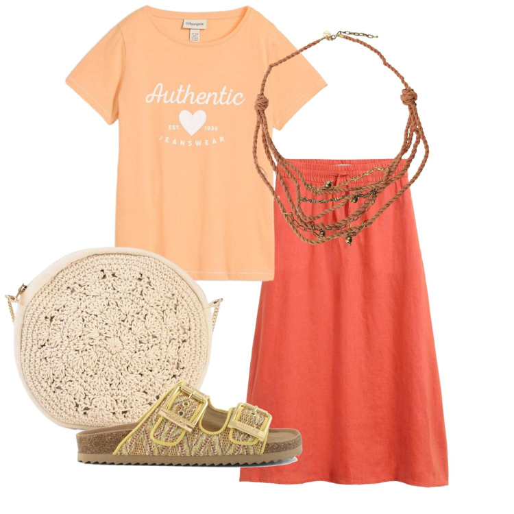 Outfit donna - Estate a colori pieni - Focus Donna Curv. Stile Bon Ton per Tutti i giorni. Abbinamento con gonne lunghe, borse a tracolla, t-shirt, collane, sandali.
