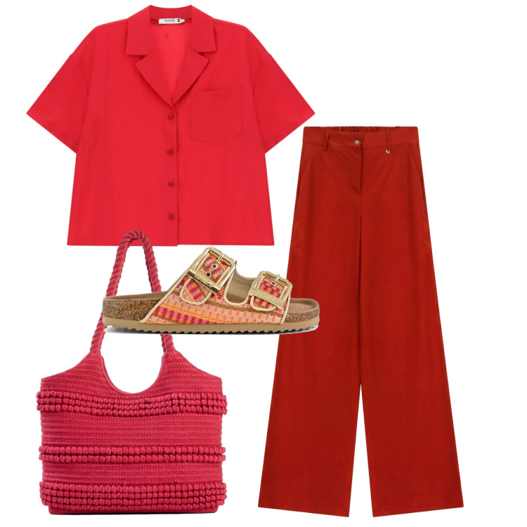 Outfit donna - Estate a colori pieni - Focus Donna Curv. Stile Bon Ton per Tutti i giorni. Abbinamento con shopping bag, pantaloni a palazzo, camicie a manica corta, sandali.
