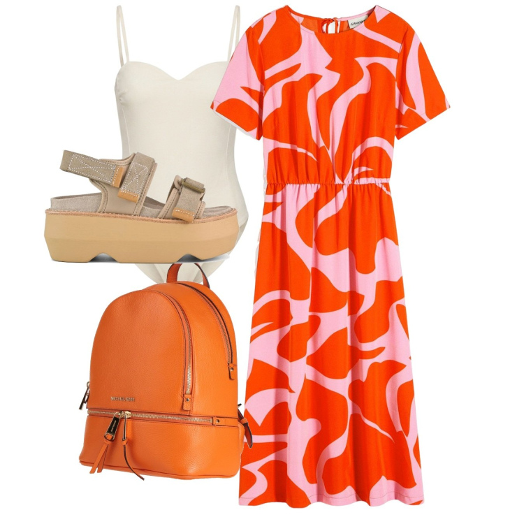 Outfit donna - Estate a colori pieni - Focus Donna Curv. Stile Casual per Tutti i giorni. Abbinamento con zaini, vestiti midi/longuette, body, sandali col tacco.