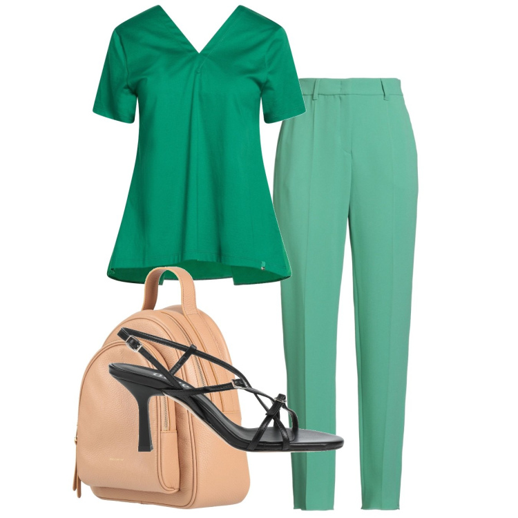 Outfit donna - Estate a colori pieni - Focus Donna Curv. Stile Bon Ton per Tutti i giorni. Abbinamento con t-shirt, pantaloni, zaini, sandali in pelle.