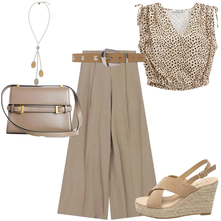 Outfit donna - Total look #2451791. Stile Sporty chic per Tutti i giorni. Abbinamento con sandali col tacco, borse a tracolla, collane, pantaloni a palazzo, cinture, top.