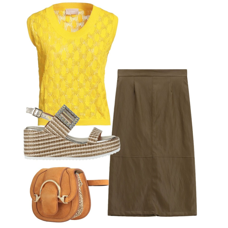 Outfit donna - Estate a colori pieni - Focus Donna Curv. Stile Bon Ton per Tutti i giorni. Abbinamento con marsupi, pullovers, sandali in pelle, gonne longuette.