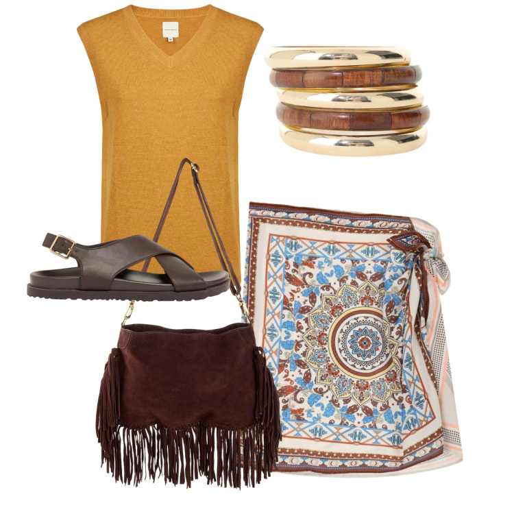 Outfit donna - Frange e foulard. Stile Chic per Tutti i giorni. Abbinamento con sandali in pelle, borse a tracolla, maglieria, minigonne, braccialetti.