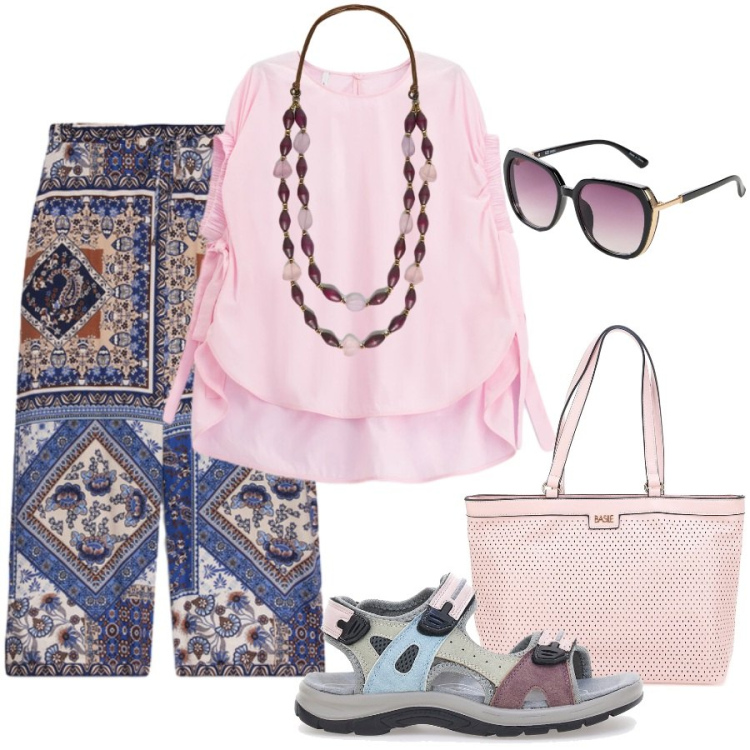 Outfit donna - Girovagando in città e borghi. Stile Casual per Tutti i giorni. Abbinamento con occhiali da sole, bluse, collane, pantaloni, sandali, borse a spalla.