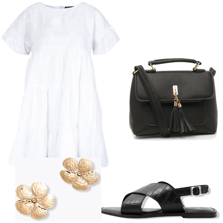 Outfit femme - Noir blanc or. Style Casual pour Tous les jours. Assortir avec combinaisons, sacs en bandoulière, boucles d'oreilles, sandales en cuir.