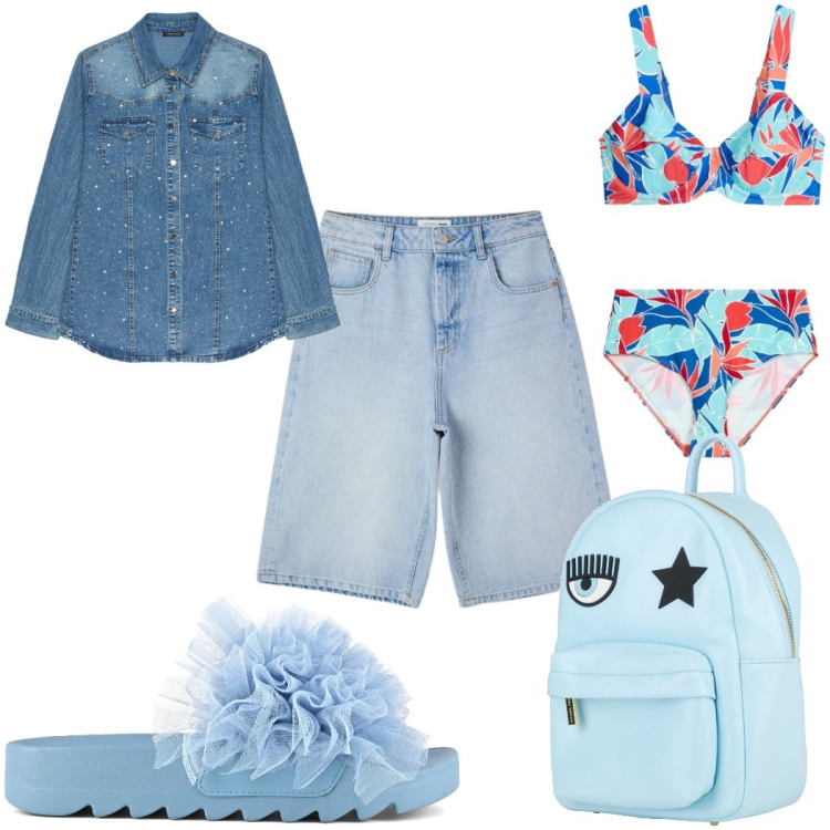 Outfit donna - Estate a colori pieni - blu. Stile Trendy per Mare. Abbinamento con zaini, bikini, bermuda, camicie, ciabatte.