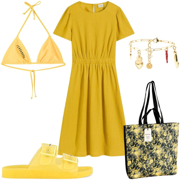 Outfit donna - Estate a colori pieni - giallo!. Stile Trendy per Mare. Abbinamento con vestiti, bikini, borse tote, braccialetti, sandali.