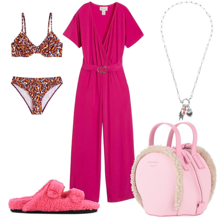 Outfit donna - Estate a colori pieni - fucsia. Stile Trendy per Mare. Abbinamento con zaini, tute, bikini, ciondoli, ciabatte.