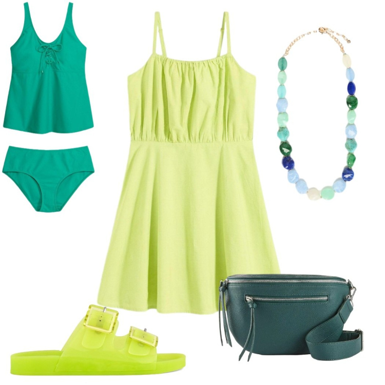 Outfit donna - Estate a colori pieni -. Stile Trendy per Mare. Abbinamento con vestiti corti, marsupi, costumi interi, collane, sandali.