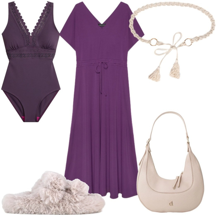 Outfit donna - Estate a colori pieni - viola. Stile Trendy per Mare. Abbinamento con costumi interi, borse a tracolla, vestiti lunghi, cinture, ciabatte.