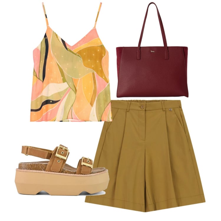 Outfit donna - Top al top. Stile Bon Ton per Tutti i giorni. Abbinamento con shopping bag, top, bermuda, sandali col tacco.