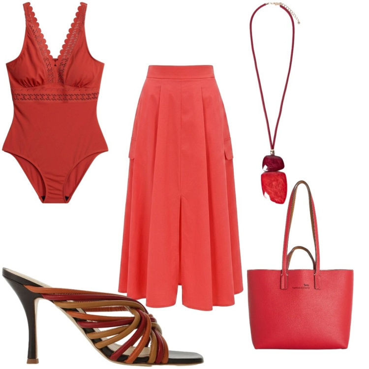 Outfit donna - Estate a colori pieni - corallo. Stile Trendy per Mare. Abbinamento con costumi interi, shopping bag, sandali col tacco, ciondoli, gonne lunghe.