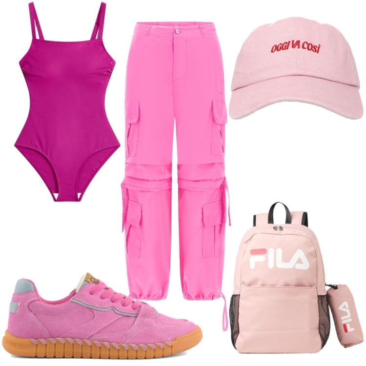 Outfit donna - Estate a colori pieni -mare e sport. Stile Trendy per Mare. Abbinamento con costumi interi, zaini, cappelli con visiera, pantaloni cargo, sneakers.