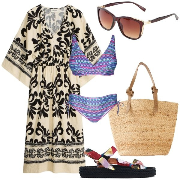 Outfit donna - Ferragosto al mare. Stile Casual chic per Mare. Abbinamento con vestiti midi/longuette, shopping bag, occhiali da sole, bikini, sandali.