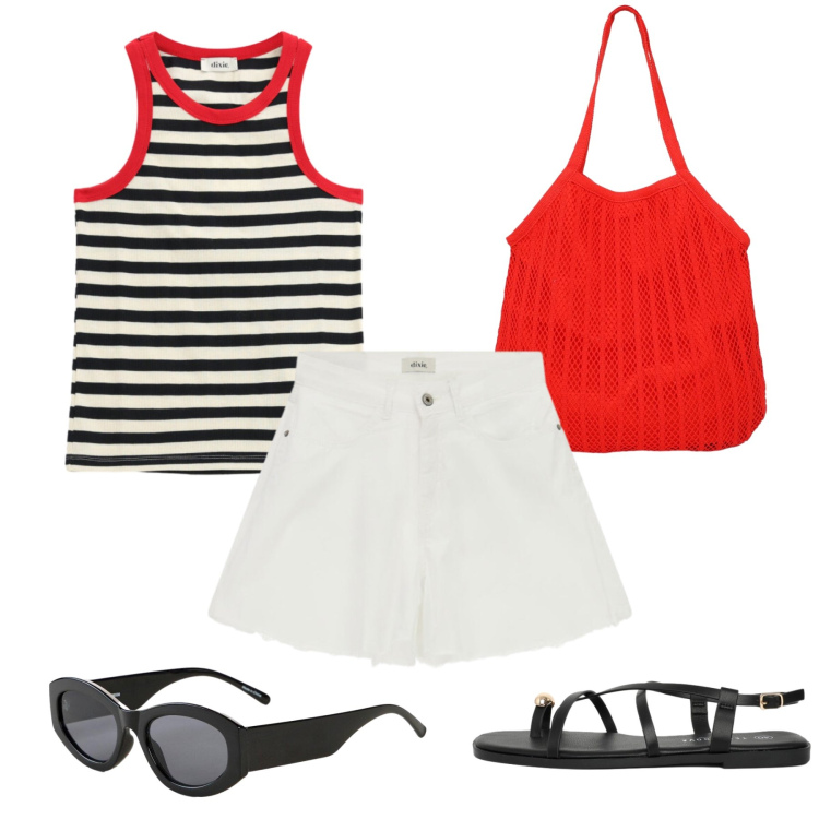 Outfit donna - A righe in città. Stile Casual chic per Tutti i giorni. Abbinamento con occhiali da sole, top, shorts, sandali, shopping bag.