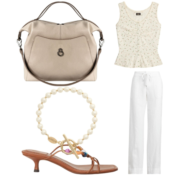 Outfit donna - Stile metropolitano. Stile Chic per Tutti i giorni. Abbinamento con borse a mano, braccialetti, pantaloni, top, sandali gioiello.
