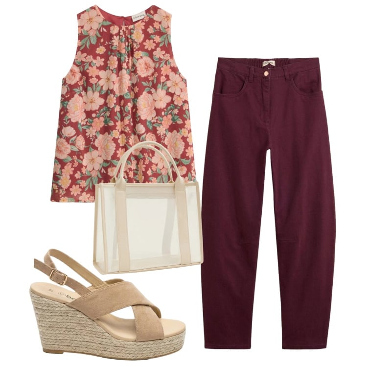 Outfit donna - Fiori. Stile Bon Ton per Tutti i giorni. Abbinamento con sandali col tacco, pantaloni, top, borse tote.