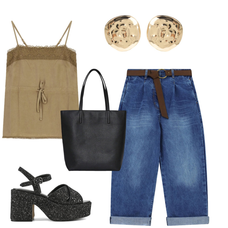 Outfit donna - Plateau e jeans. Stile Casual chic per Serata fuori. Abbinamento con top, orecchini, jeans, borse tote, sandali.