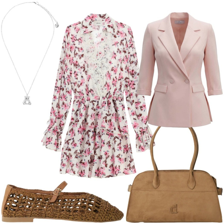 Outfit donna - Aperitivo vista mare -romantica. Stile Romantica per Serata fuori. Abbinamento con blazer, borse a spalla, vestiti corti, ballerine, ciondoli.