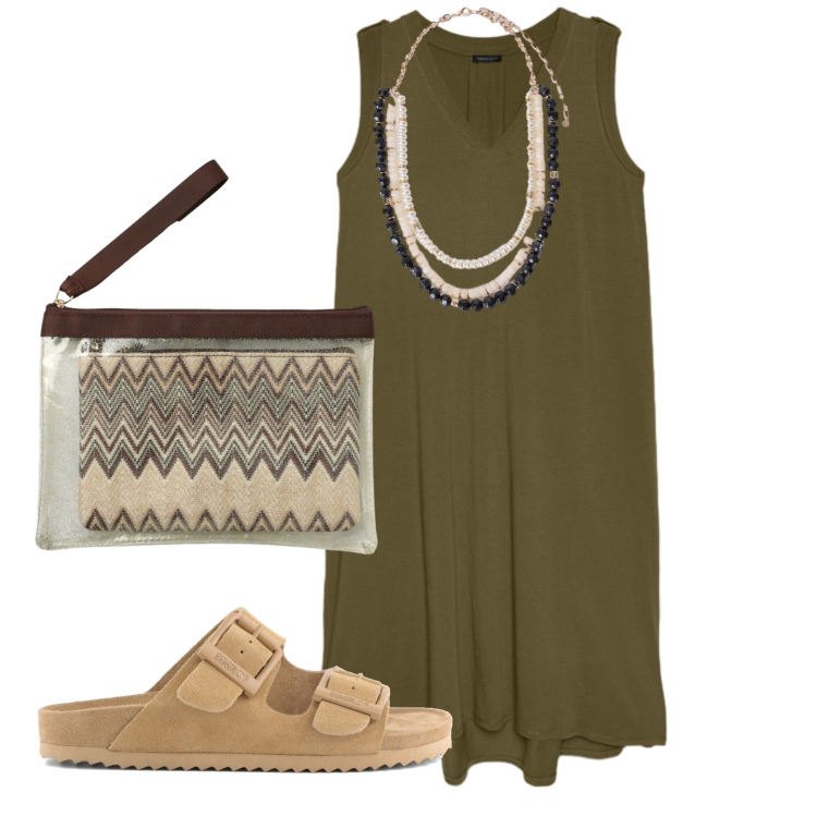 Outfit donna - Verde muschio. Stile Bon Ton per Tutti i giorni. Abbinamento con pochette, vestiti lunghi, collane, sandali in pelle.