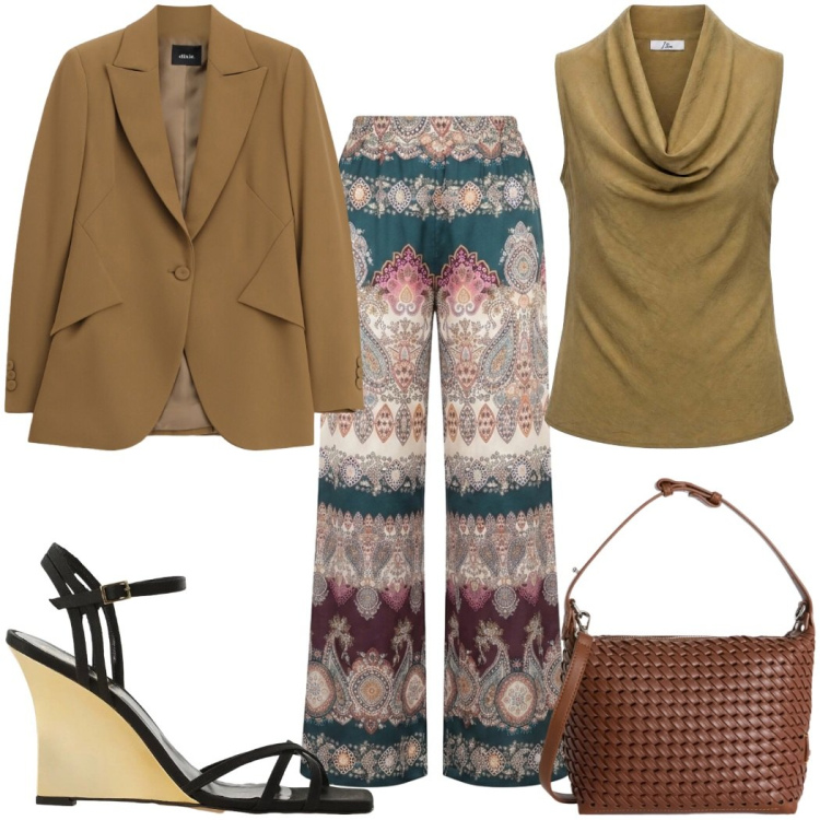 Outfit donna - Aperitivo vista mare -etnico. Stile Etnico per Serata fuori. Abbinamento con borse a spalla, sandali col tacco, blazer, canottiere, pantaloni a palazzo.