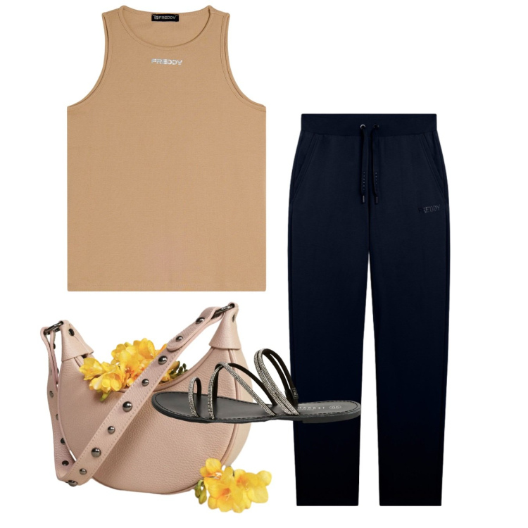 Outfit donna - Minimal Sporty. Stile Minimal per Tutti i giorni. Abbinamento con sandali, borse a spalla, pantaloni, canottiere.
