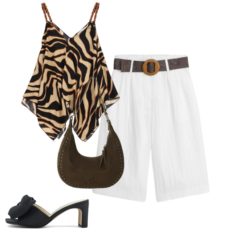 Outfit donna - Summer vibes. Stile Casual chic per Tutti i giorni. Abbinamento con bermuda, top, borse a spalla, sandali col tacco.