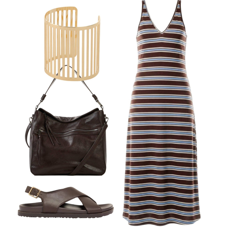 Outfit donna - Abito canotta. Stile Basic per Tutti i giorni. Abbinamento con sandali in pelle, shopping bag, vestiti lunghi, braccialetti.